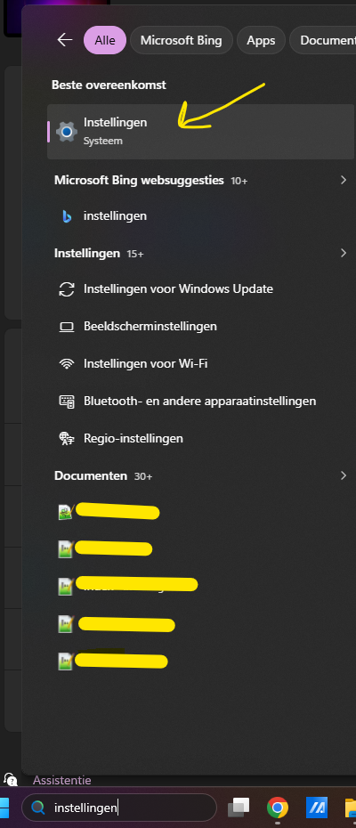 Startmenu met zoekopdracht instellingen, waarbij het resultaat Instellingen > Systeem wordt aangewezen