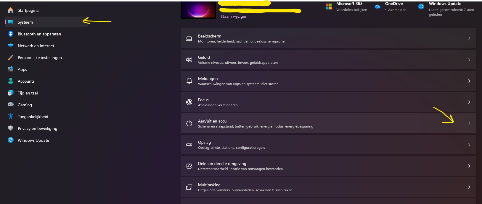 Windows instellingen met Systeem geselecteerd in het linkermenu en Aan/uit en accu aangewezen in de lijst