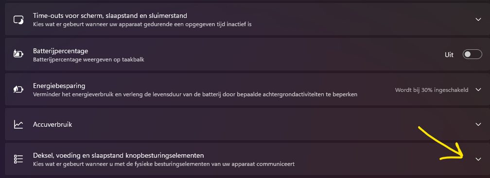 Aan/uit en accu instellingen met de optie Deksel, voeding en slaapstand knopbesturingselementen aangewezen
