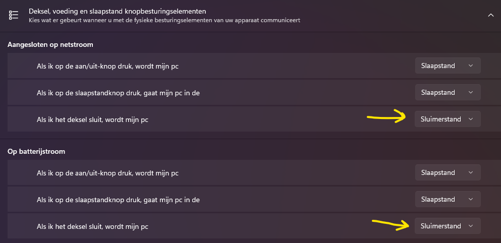 Deksel, voeding en slaapstand knopbesturingselementen met de optie bij het sluiten van het deksel ingesteld op Sluimerstand, zowel bij netstroom als batterijstroom