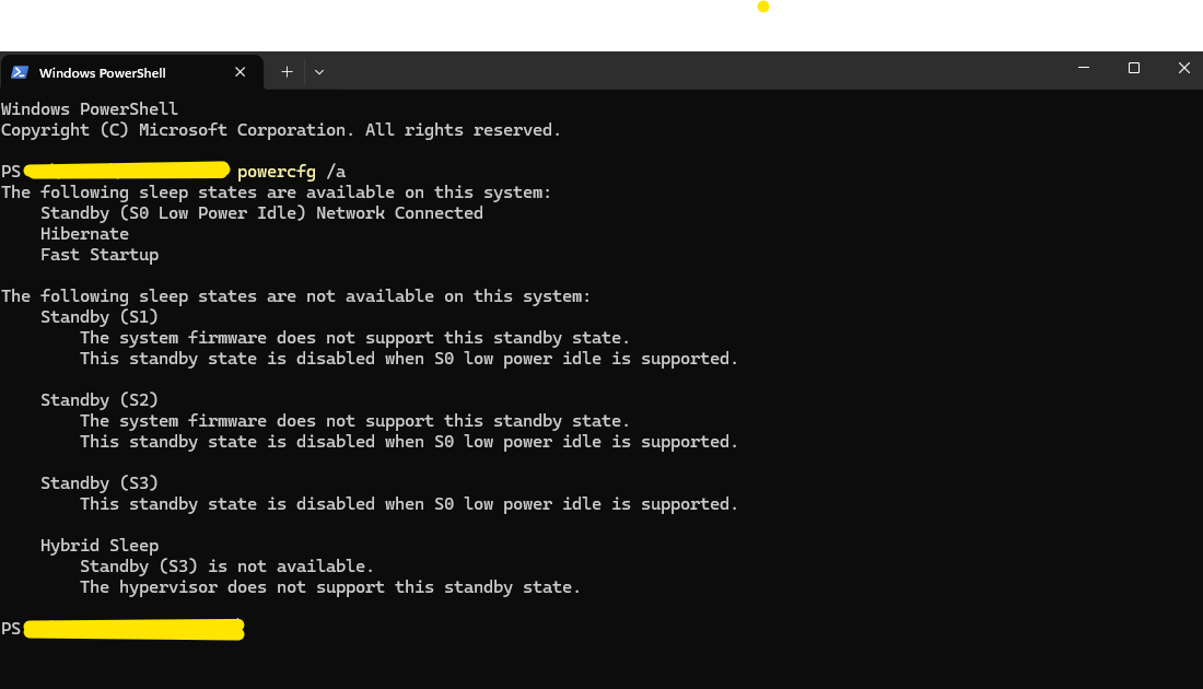 Uitkomst van powercfg /a in PowerShell, met Standby (S0 Low Power Idle) Network Connected en Hibernate als beschikbare opties